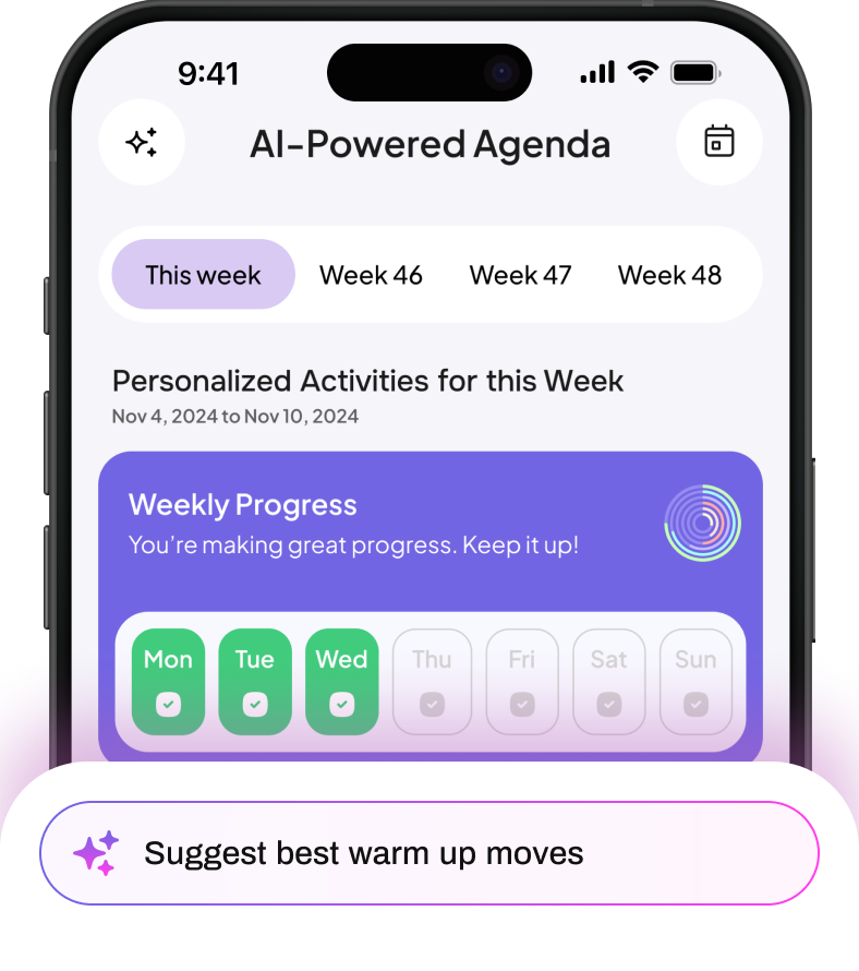 AI fitness coach guiding a user through personalized workout agenda.